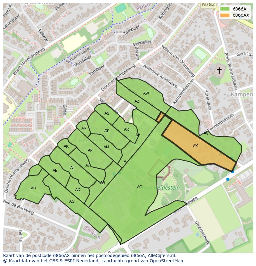 Afbeelding van het postcodegebied 6866 AX op de kaart.