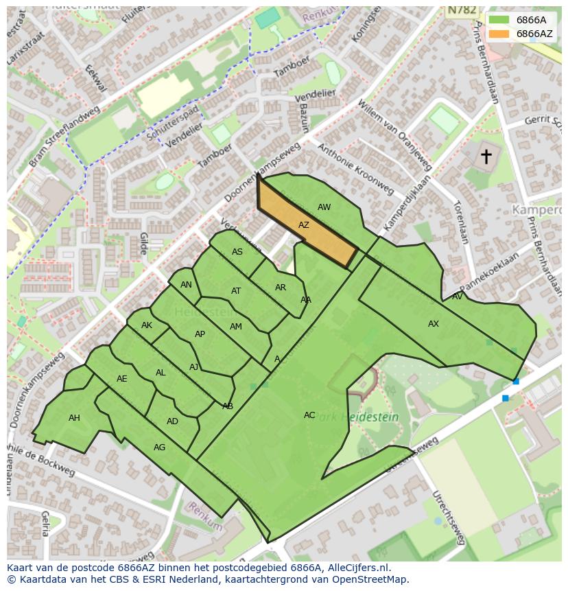 Afbeelding van het postcodegebied 6866 AZ op de kaart.