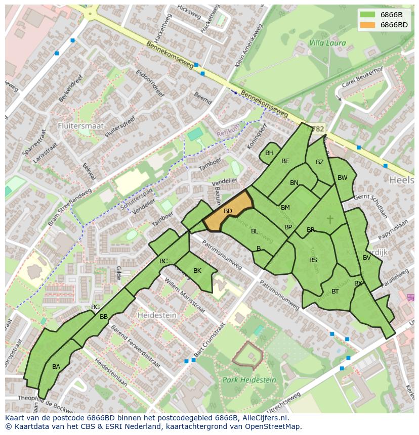 Afbeelding van het postcodegebied 6866 BD op de kaart.