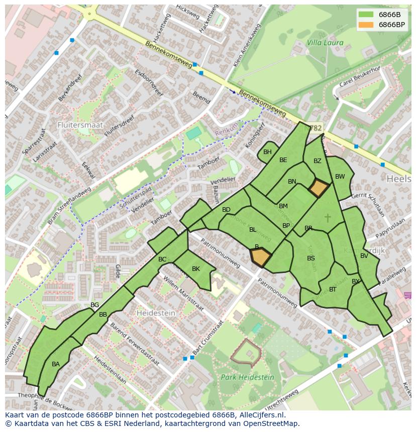 Afbeelding van het postcodegebied 6866 BP op de kaart.