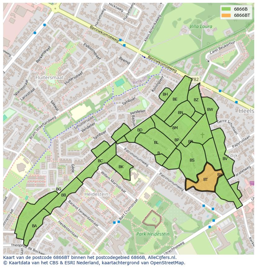 Afbeelding van het postcodegebied 6866 BT op de kaart.