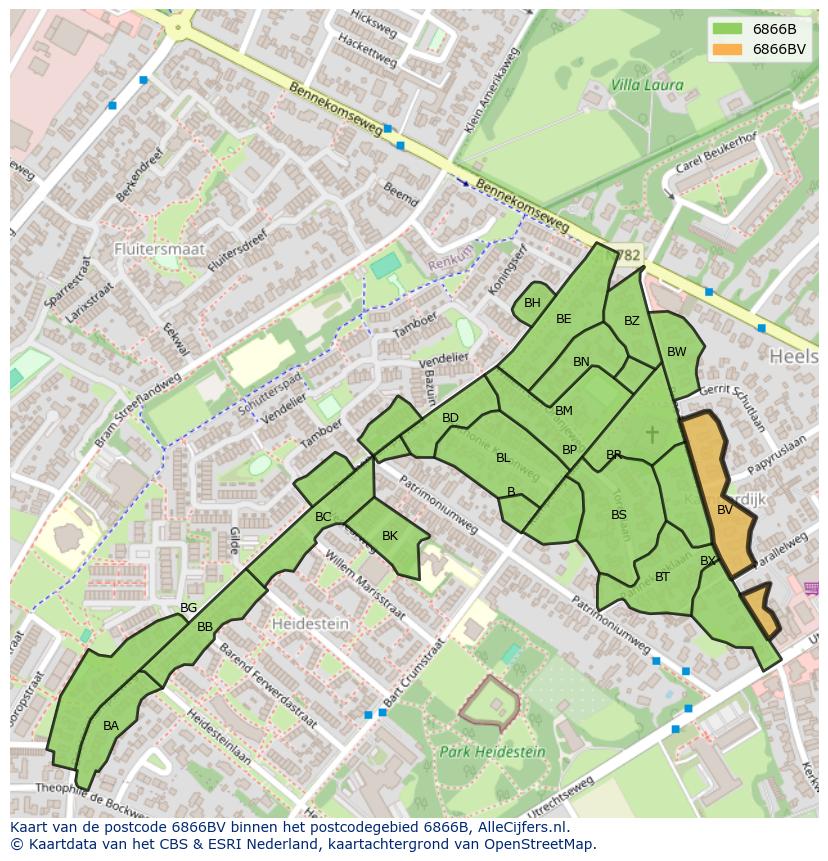 Afbeelding van het postcodegebied 6866 BV op de kaart.
