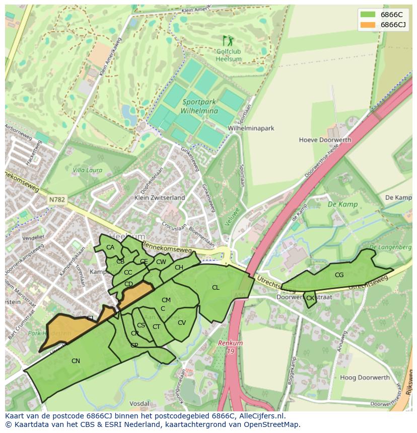 Afbeelding van het postcodegebied 6866 CJ op de kaart.