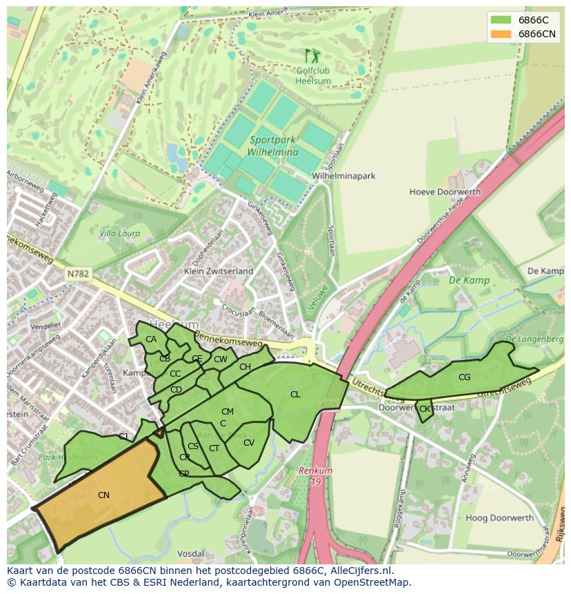 Afbeelding van het postcodegebied 6866 CN op de kaart.