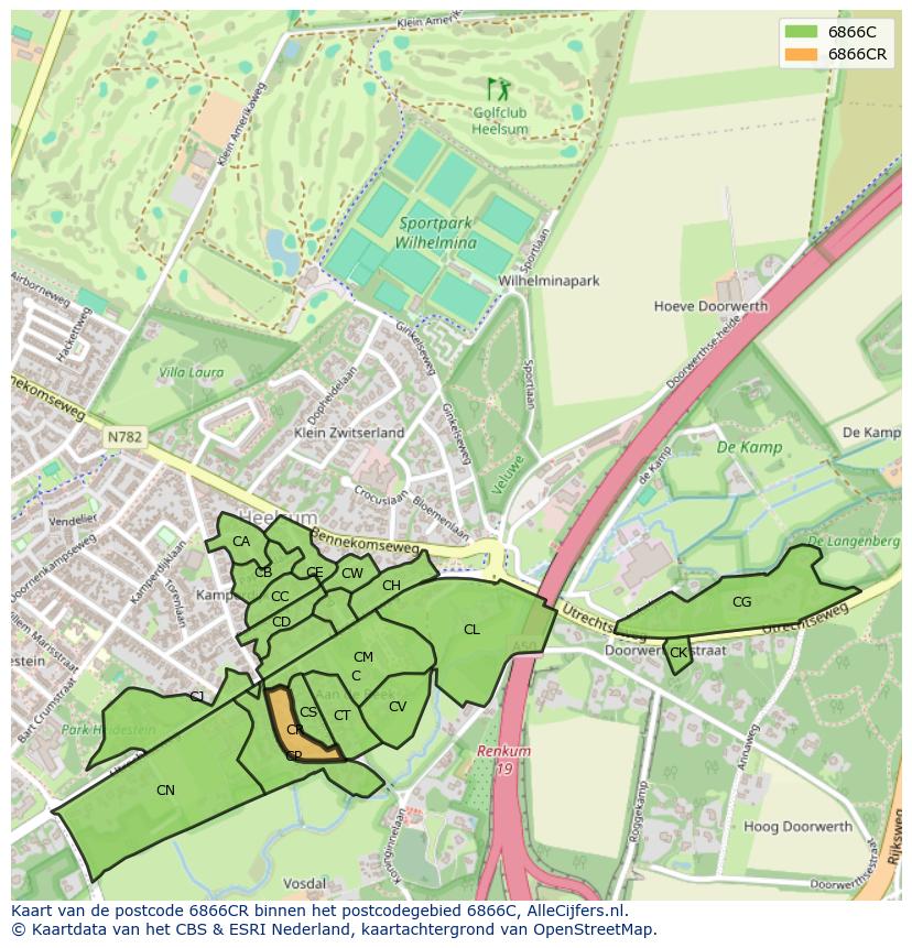Afbeelding van het postcodegebied 6866 CR op de kaart.