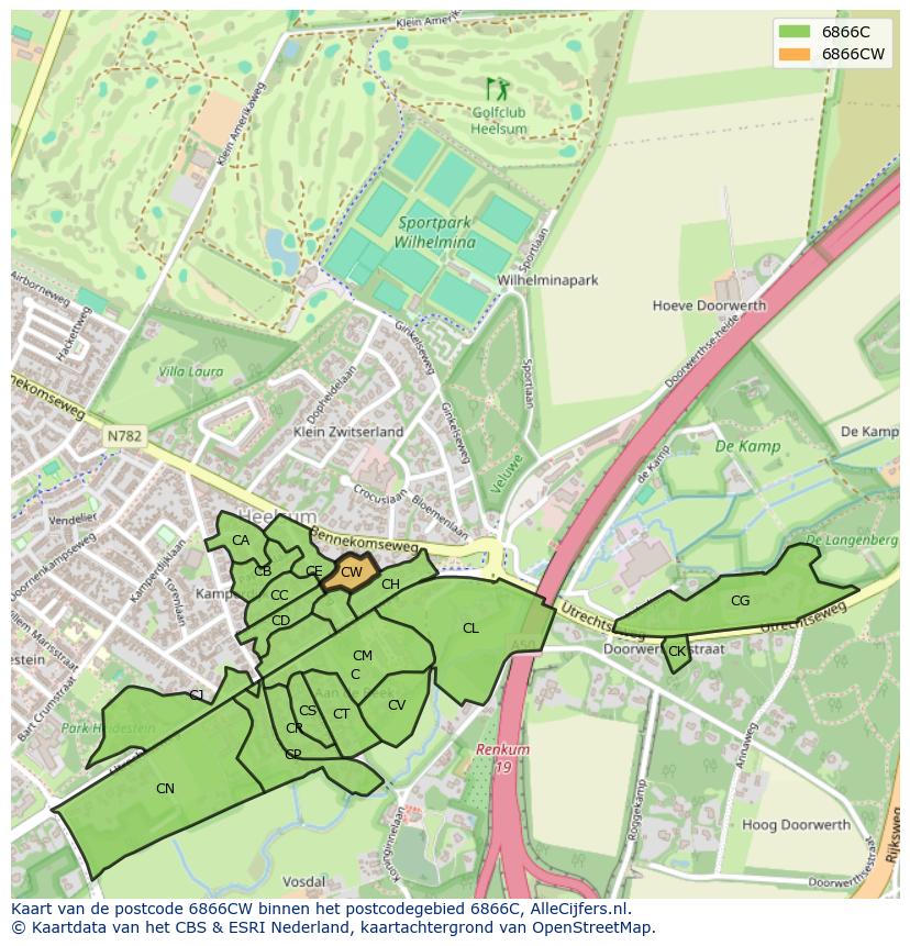 Afbeelding van het postcodegebied 6866 CW op de kaart.