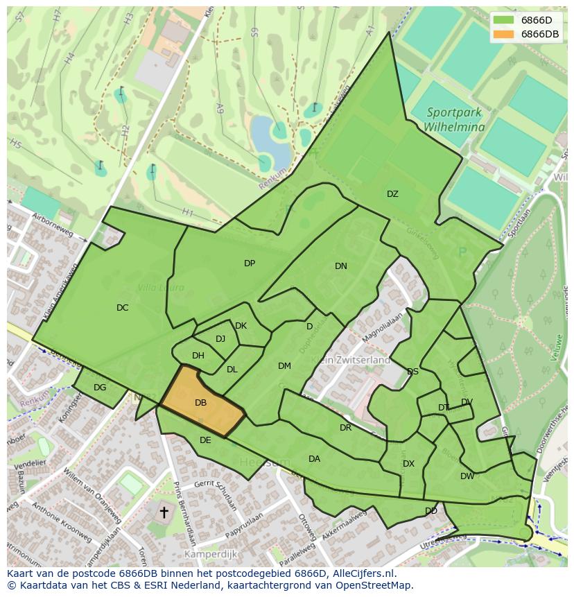 Afbeelding van het postcodegebied 6866 DB op de kaart.