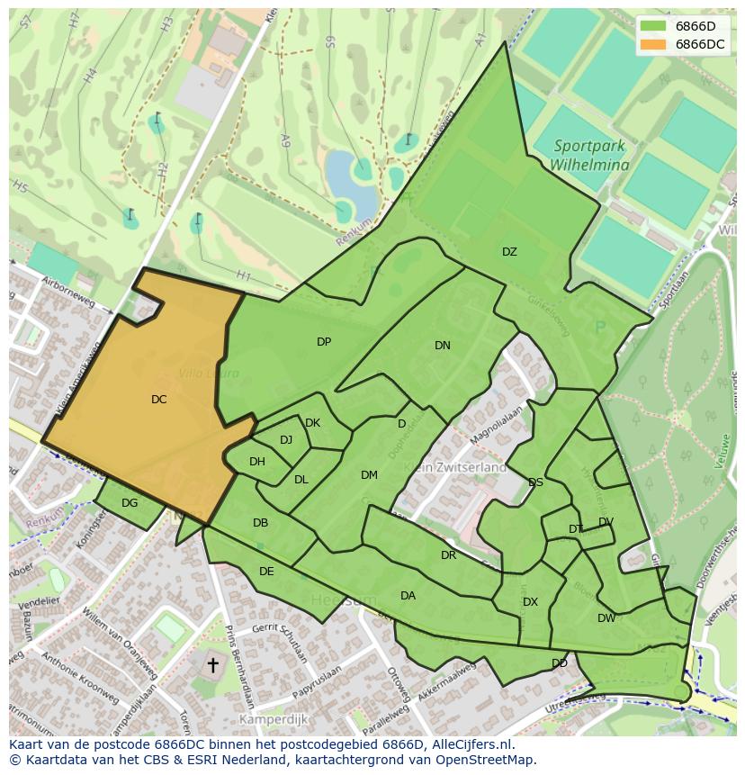 Afbeelding van het postcodegebied 6866 DC op de kaart.