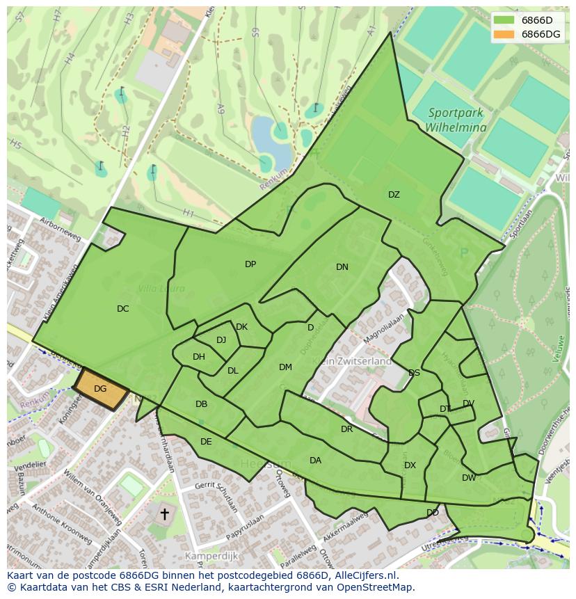 Afbeelding van het postcodegebied 6866 DG op de kaart.