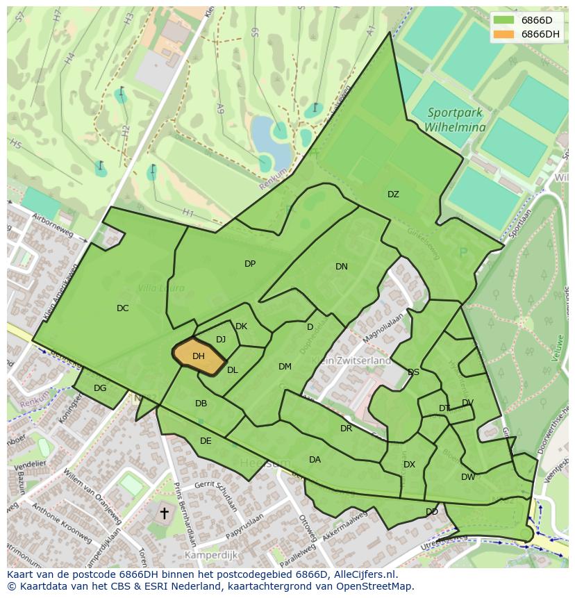 Afbeelding van het postcodegebied 6866 DH op de kaart.
