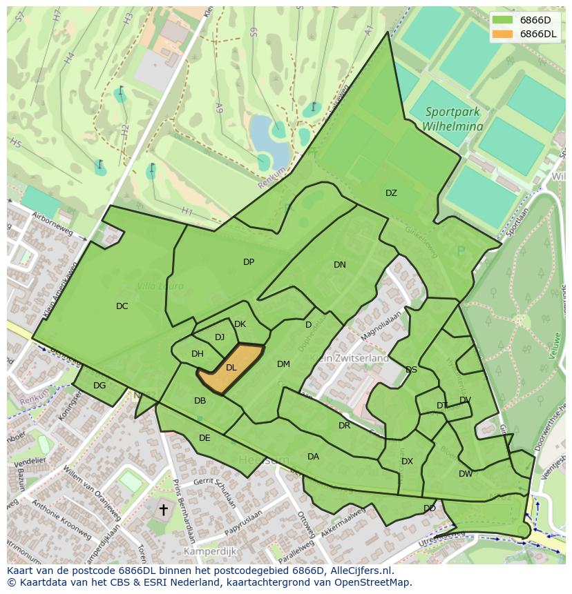 Afbeelding van het postcodegebied 6866 DL op de kaart.