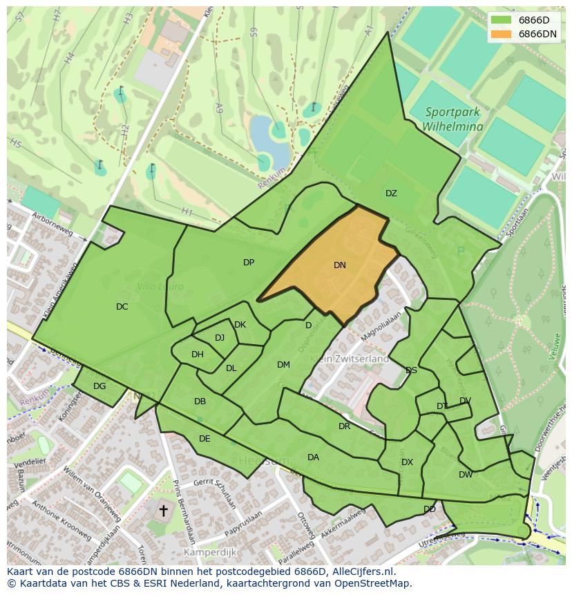Afbeelding van het postcodegebied 6866 DN op de kaart.