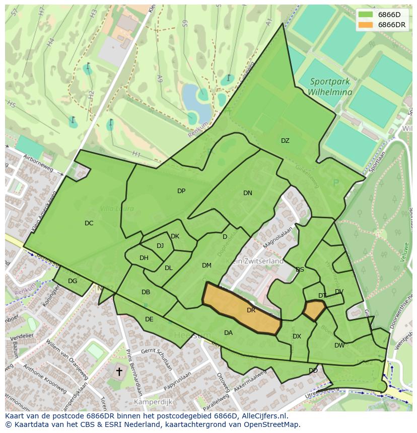 Afbeelding van het postcodegebied 6866 DR op de kaart.