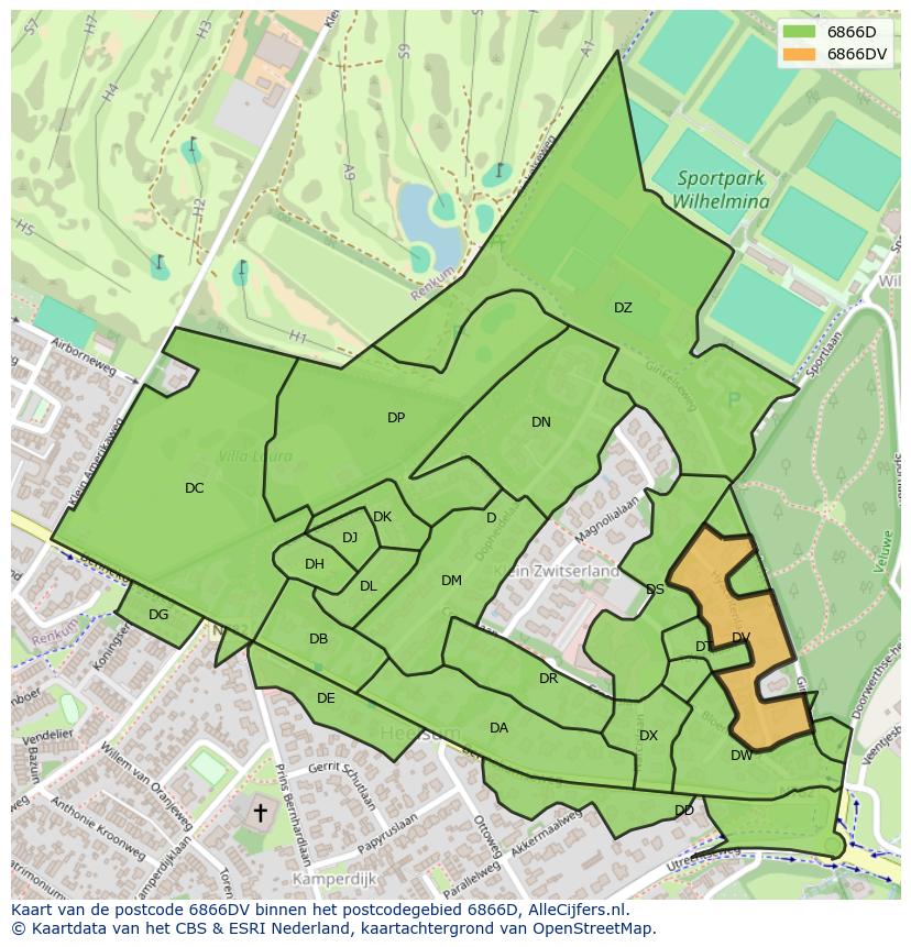 Afbeelding van het postcodegebied 6866 DV op de kaart.