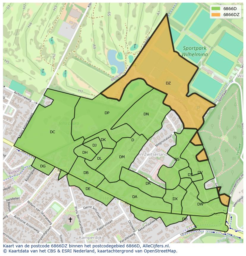 Afbeelding van het postcodegebied 6866 DZ op de kaart.