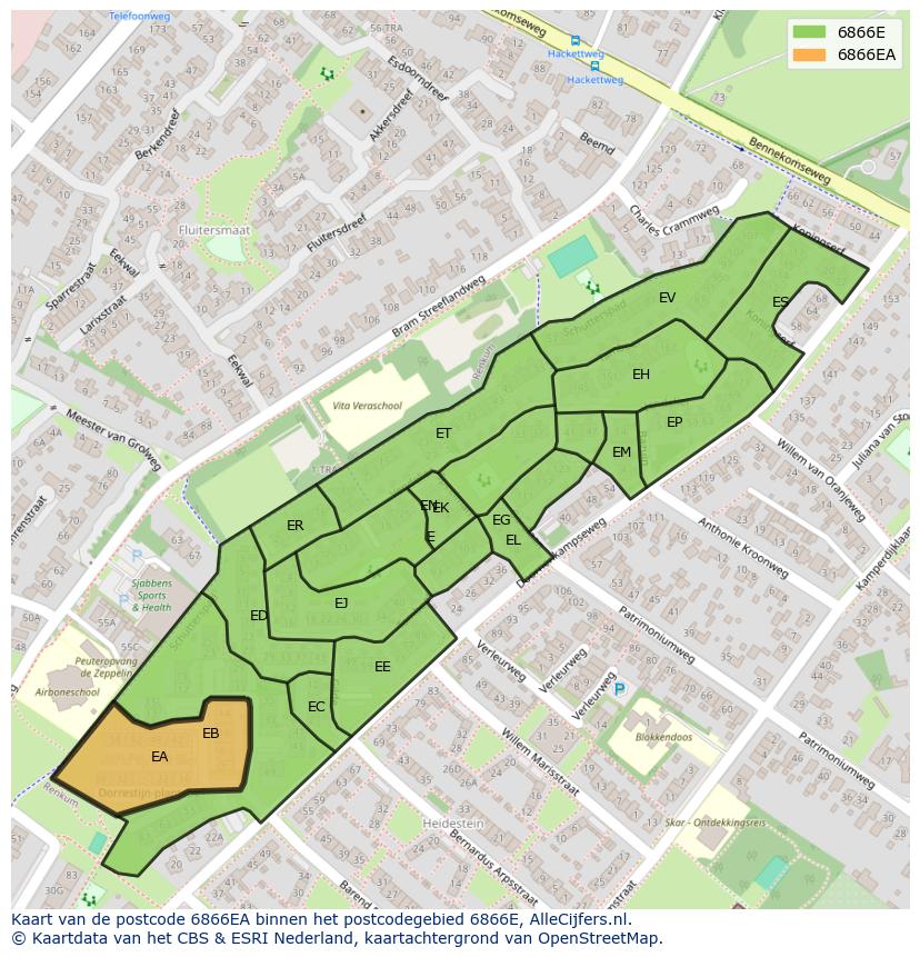 Afbeelding van het postcodegebied 6866 EA op de kaart.