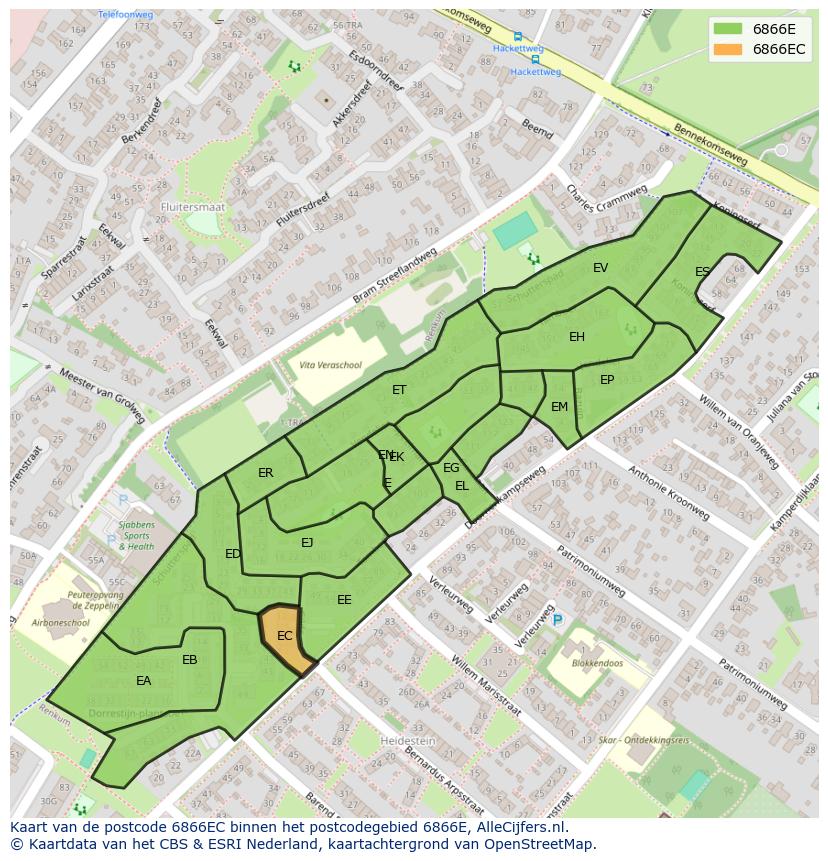 Afbeelding van het postcodegebied 6866 EC op de kaart.