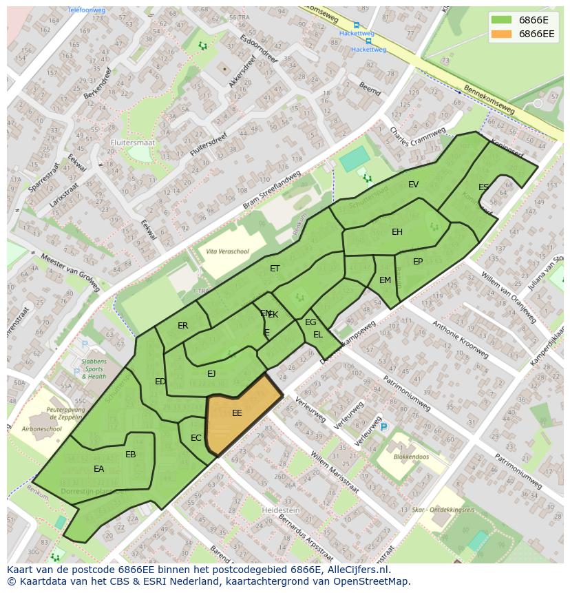 Afbeelding van het postcodegebied 6866 EE op de kaart.