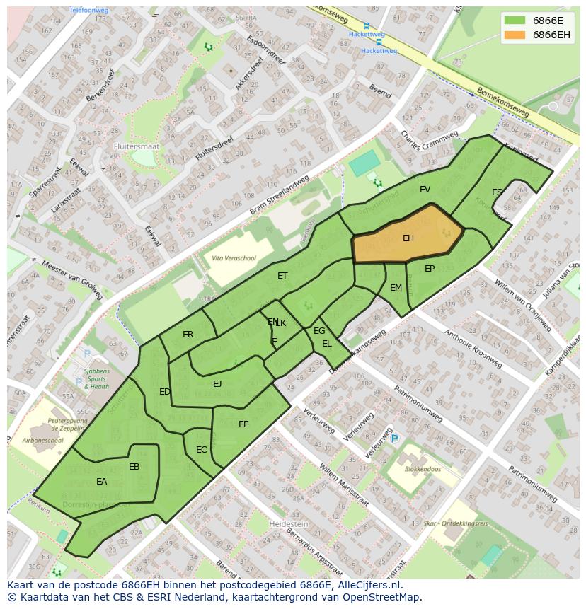 Afbeelding van het postcodegebied 6866 EH op de kaart.