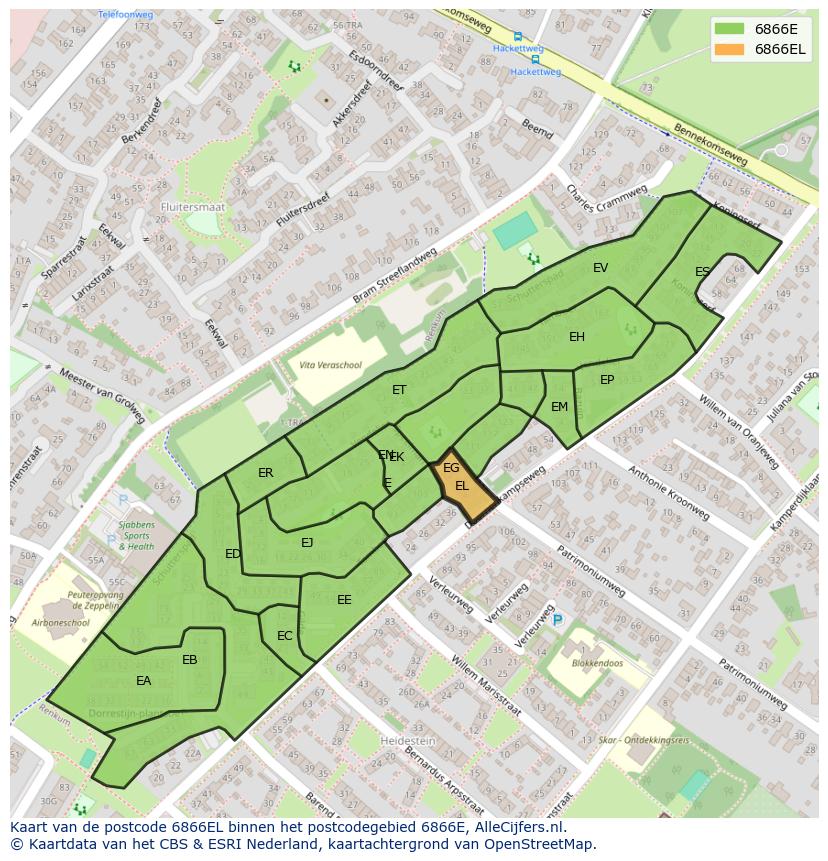 Afbeelding van het postcodegebied 6866 EL op de kaart.