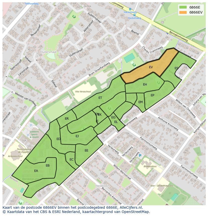 Afbeelding van het postcodegebied 6866 EV op de kaart.