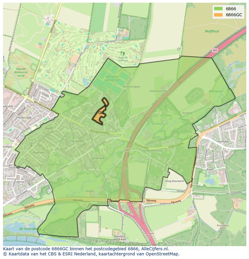 Afbeelding van het postcodegebied 6866 GC op de kaart.