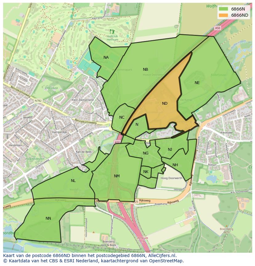 Afbeelding van het postcodegebied 6866 ND op de kaart.