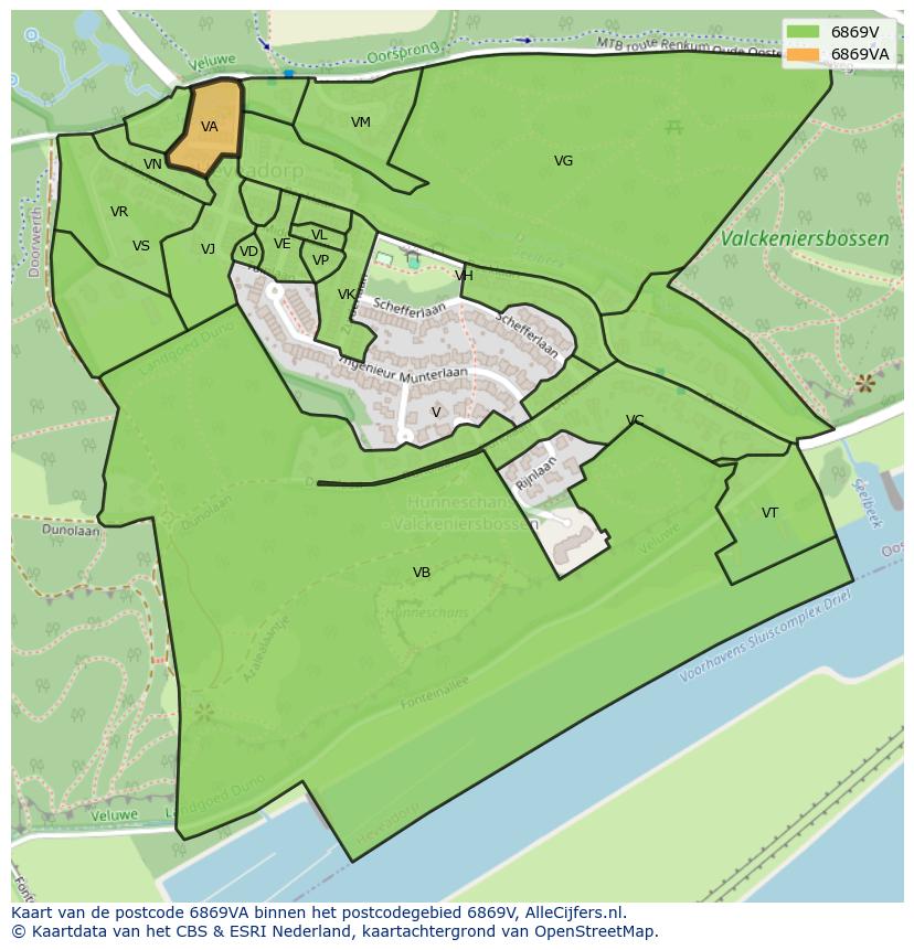 Afbeelding van het postcodegebied 6869 VA op de kaart.