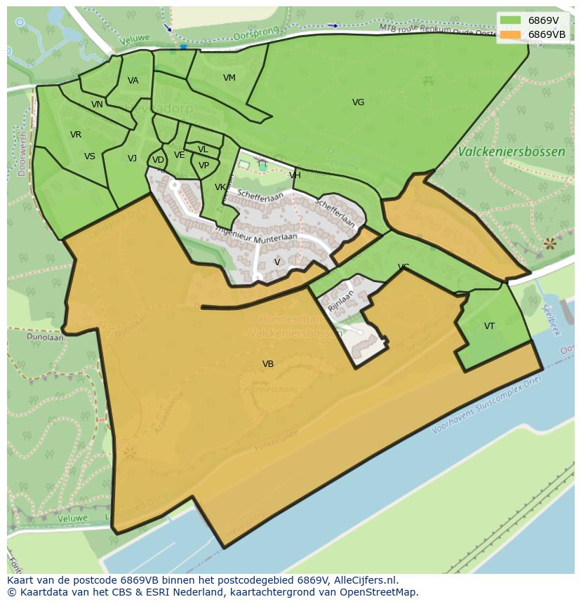 Afbeelding van het postcodegebied 6869 VB op de kaart.
