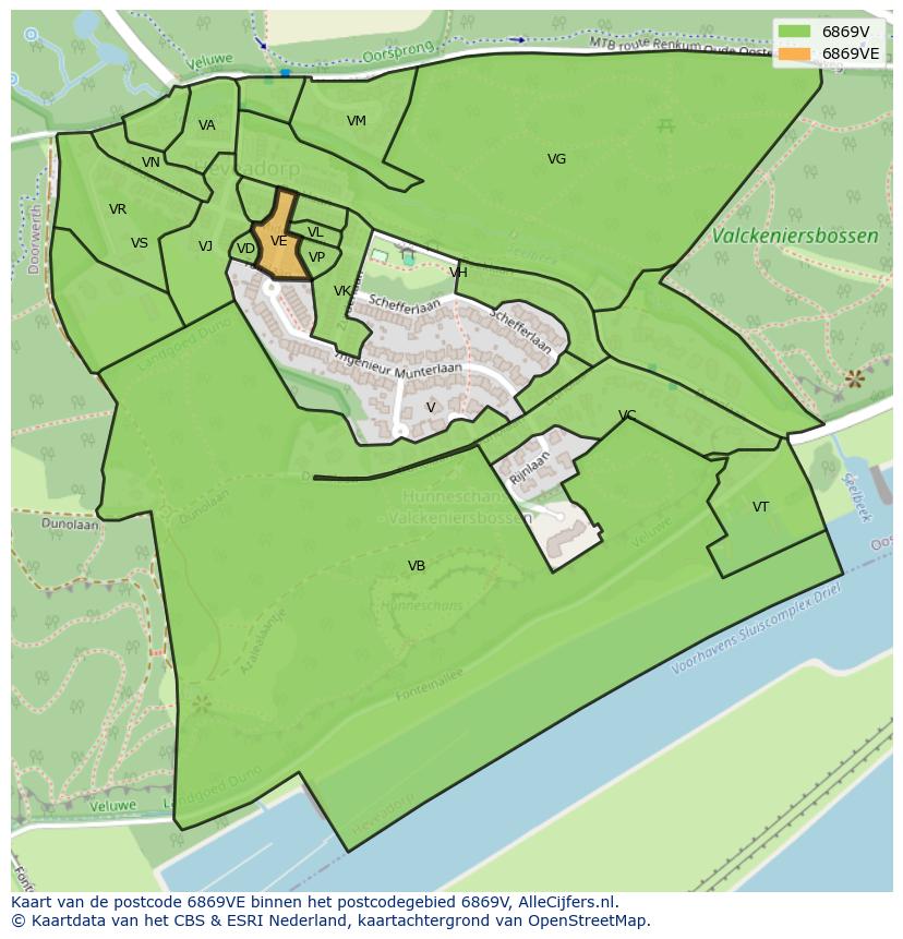 Afbeelding van het postcodegebied 6869 VE op de kaart.