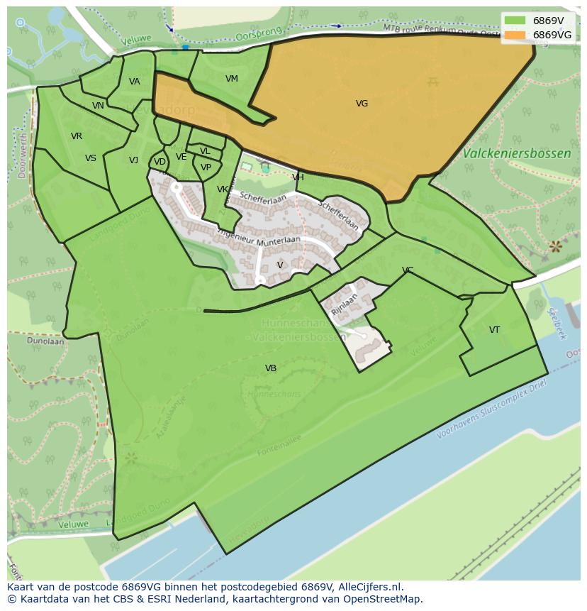 Afbeelding van het postcodegebied 6869 VG op de kaart.