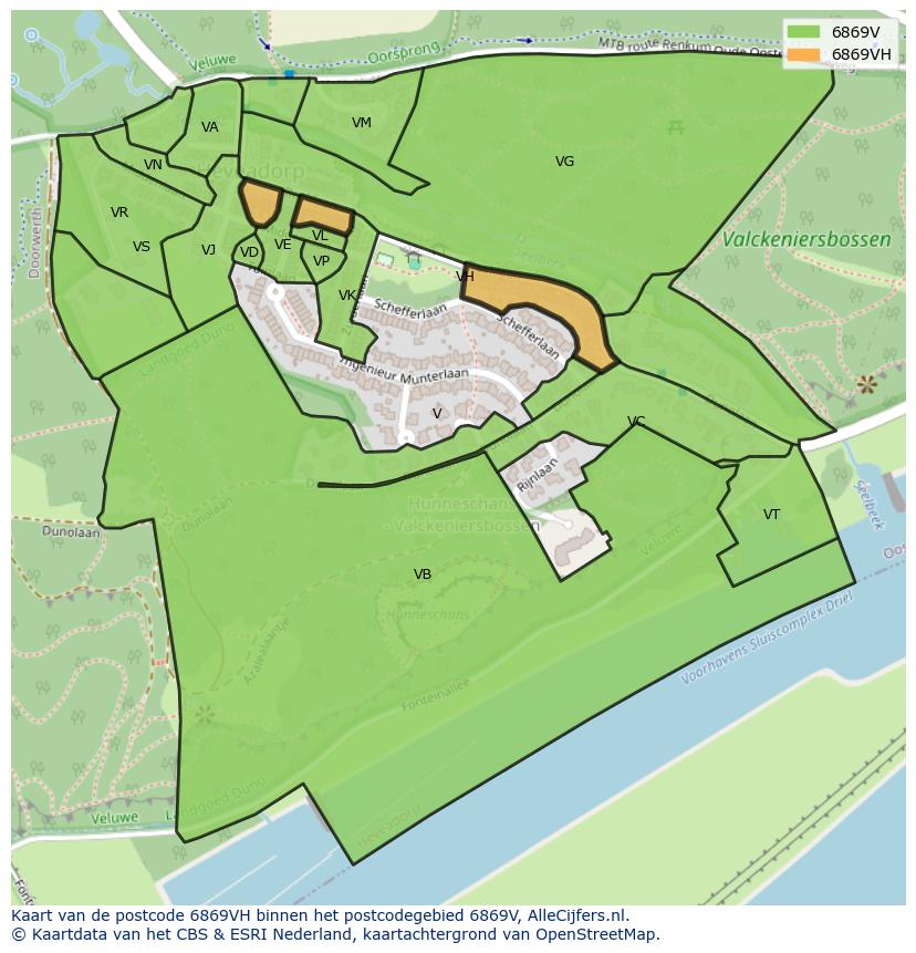 Afbeelding van het postcodegebied 6869 VH op de kaart.