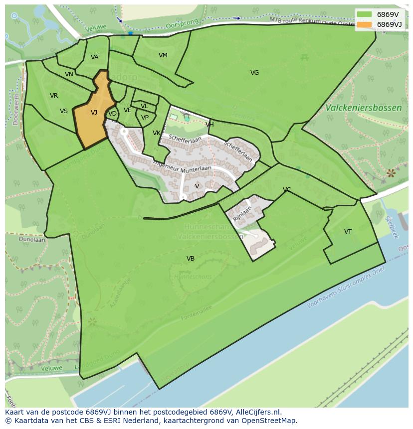Afbeelding van het postcodegebied 6869 VJ op de kaart.