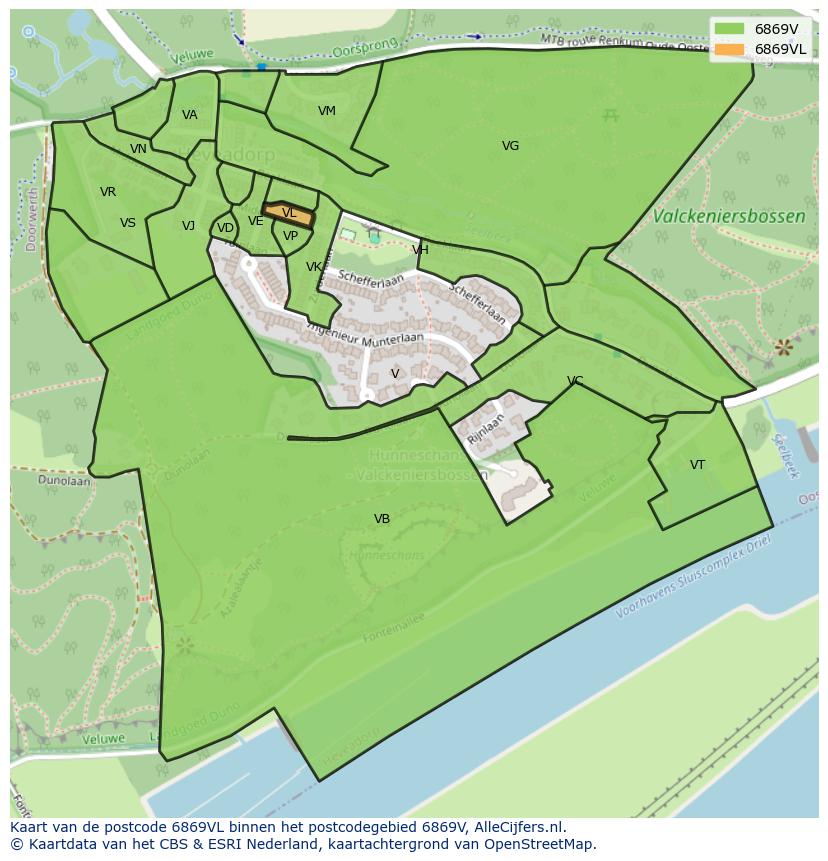 Afbeelding van het postcodegebied 6869 VL op de kaart.