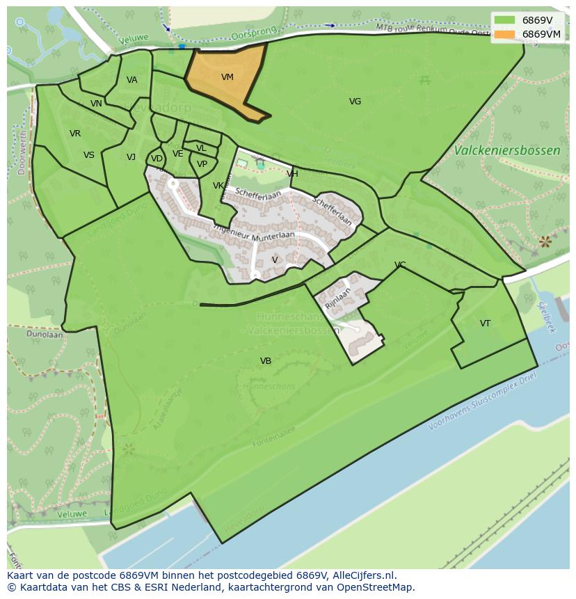 Afbeelding van het postcodegebied 6869 VM op de kaart.