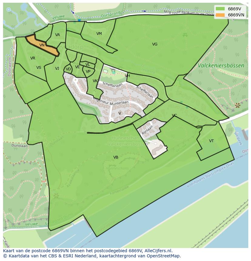 Afbeelding van het postcodegebied 6869 VN op de kaart.