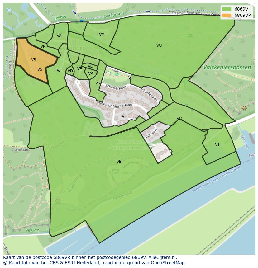 Afbeelding van het postcodegebied 6869 VR op de kaart.