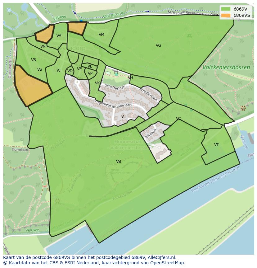 Afbeelding van het postcodegebied 6869 VS op de kaart.