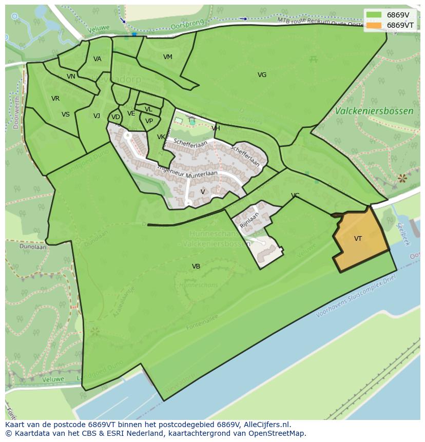 Afbeelding van het postcodegebied 6869 VT op de kaart.