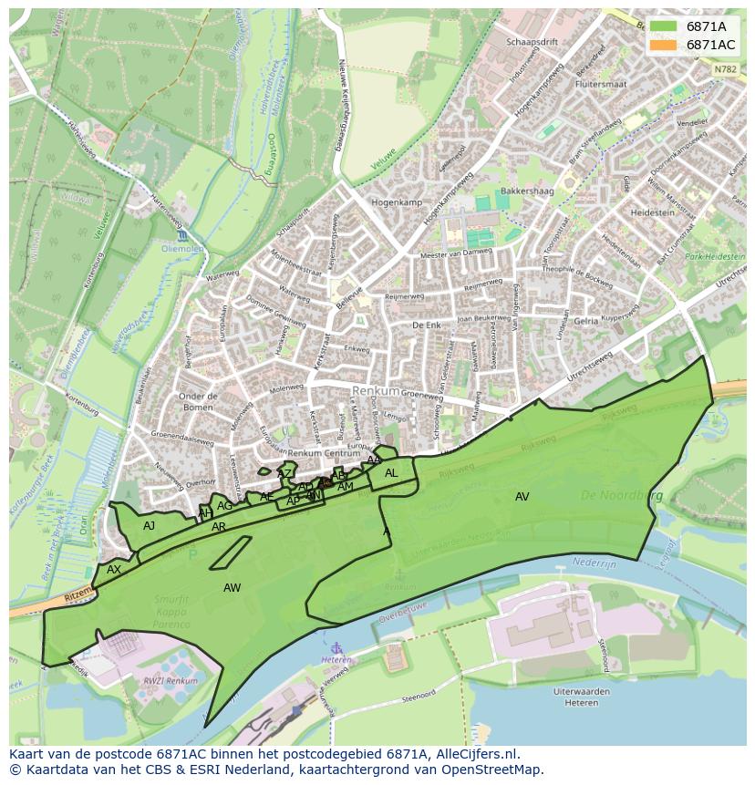 Afbeelding van het postcodegebied 6871 AC op de kaart.