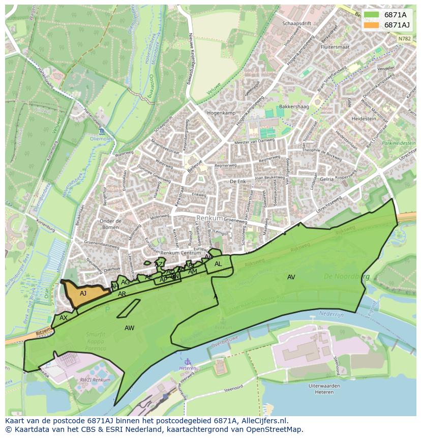 Afbeelding van het postcodegebied 6871 AJ op de kaart.