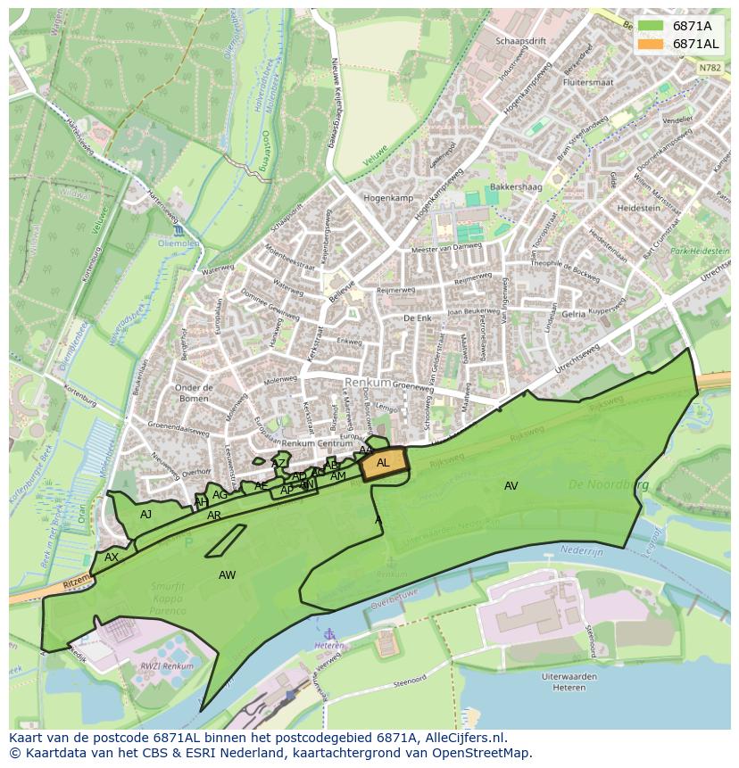 Afbeelding van het postcodegebied 6871 AL op de kaart.