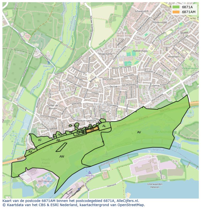 Afbeelding van het postcodegebied 6871 AM op de kaart.