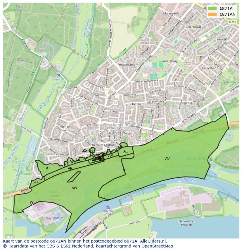 Afbeelding van het postcodegebied 6871 AN op de kaart.