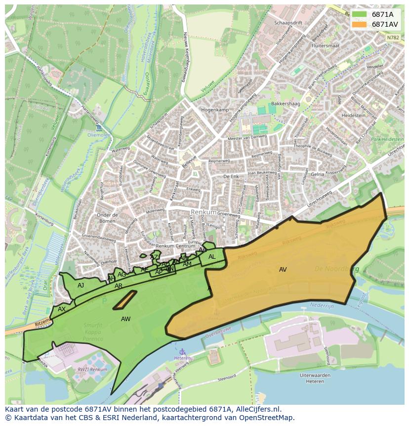 Afbeelding van het postcodegebied 6871 AV op de kaart.