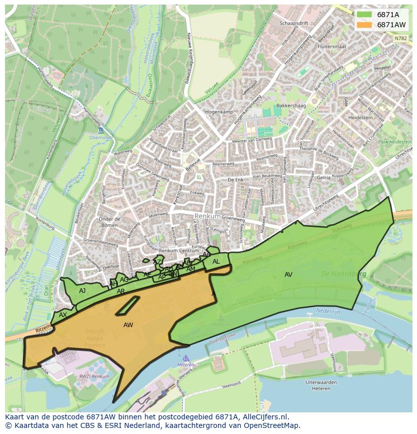 Afbeelding van het postcodegebied 6871 AW op de kaart.