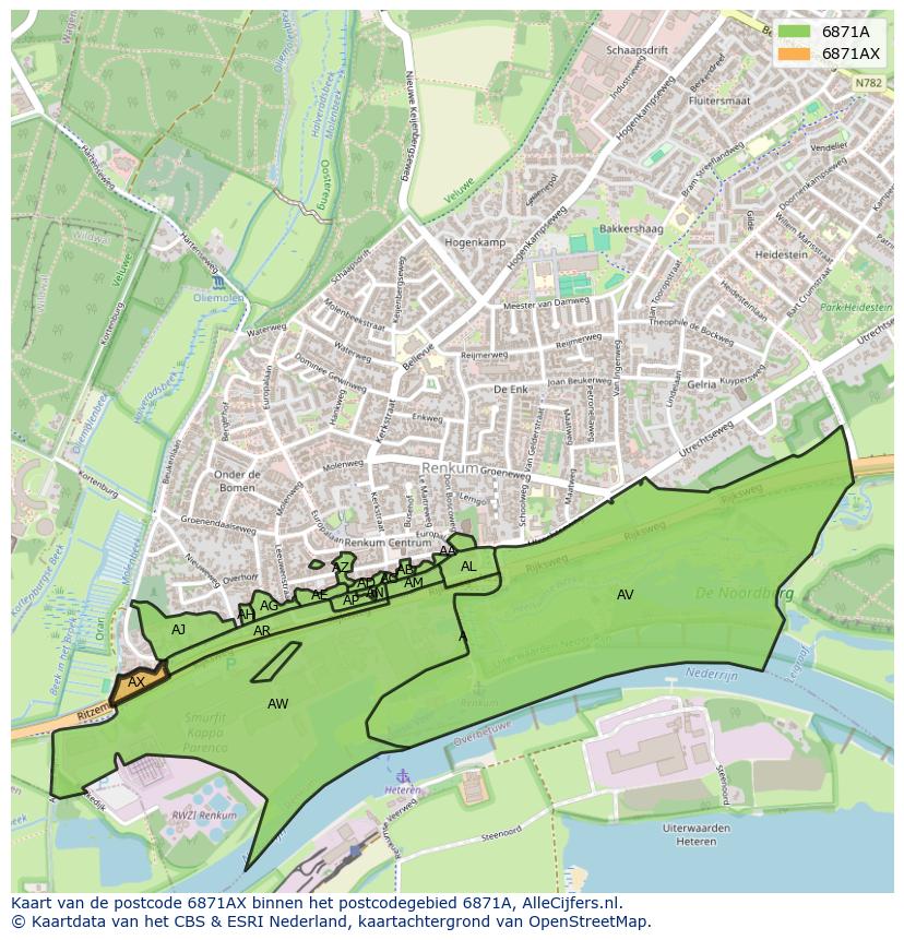 Afbeelding van het postcodegebied 6871 AX op de kaart.