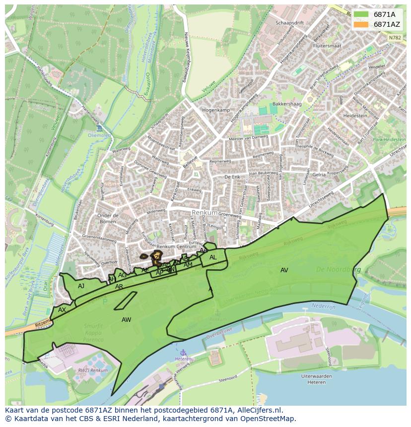 Afbeelding van het postcodegebied 6871 AZ op de kaart.