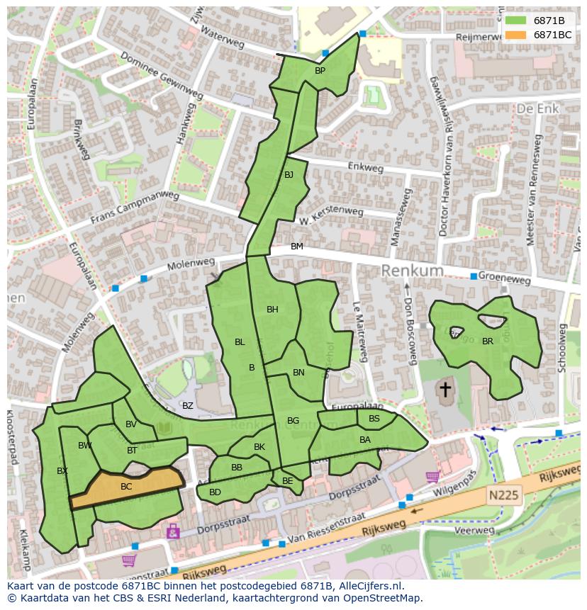 Afbeelding van het postcodegebied 6871 BC op de kaart.