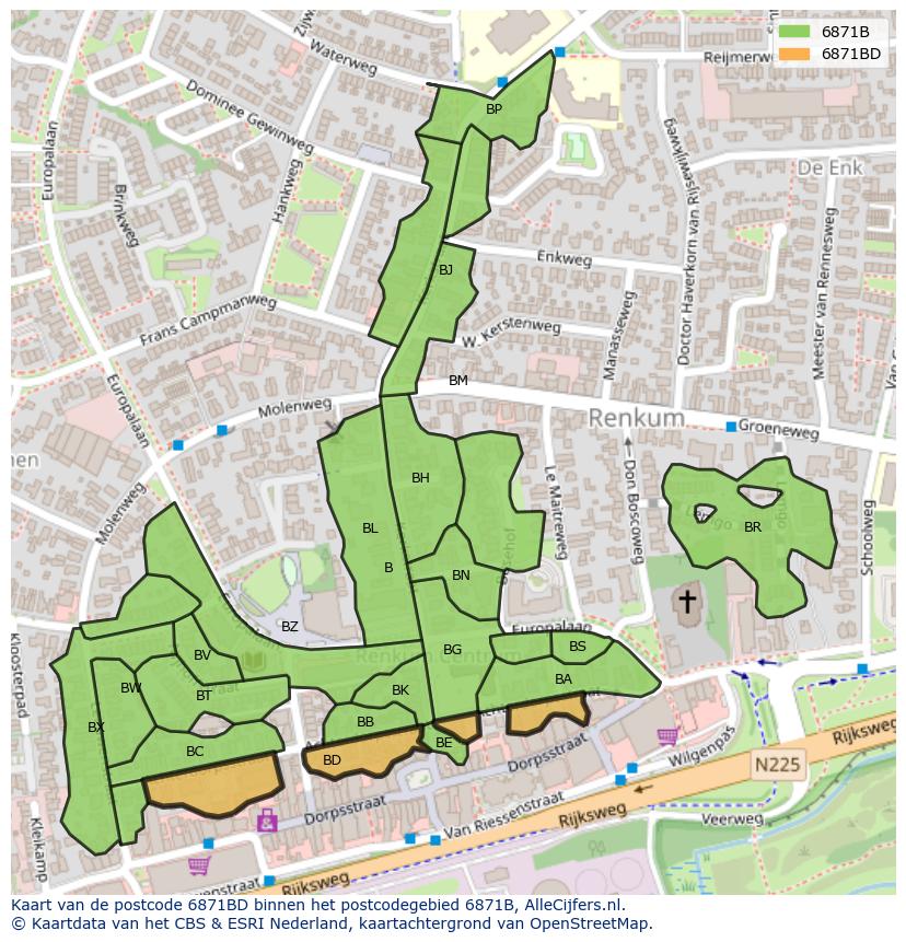 Afbeelding van het postcodegebied 6871 BD op de kaart.